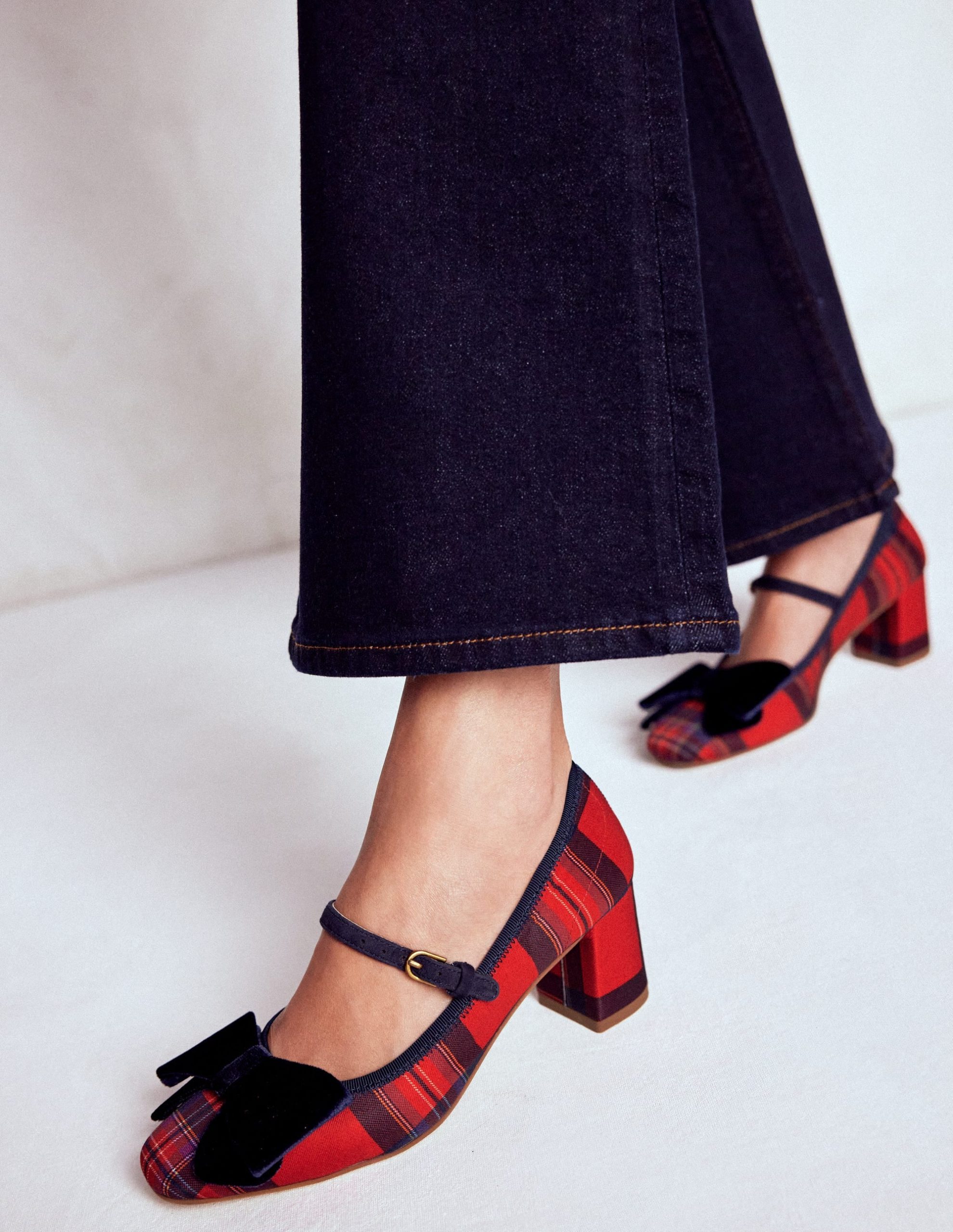 Embellished Bow Block Heels-Red Tartan - Image 3