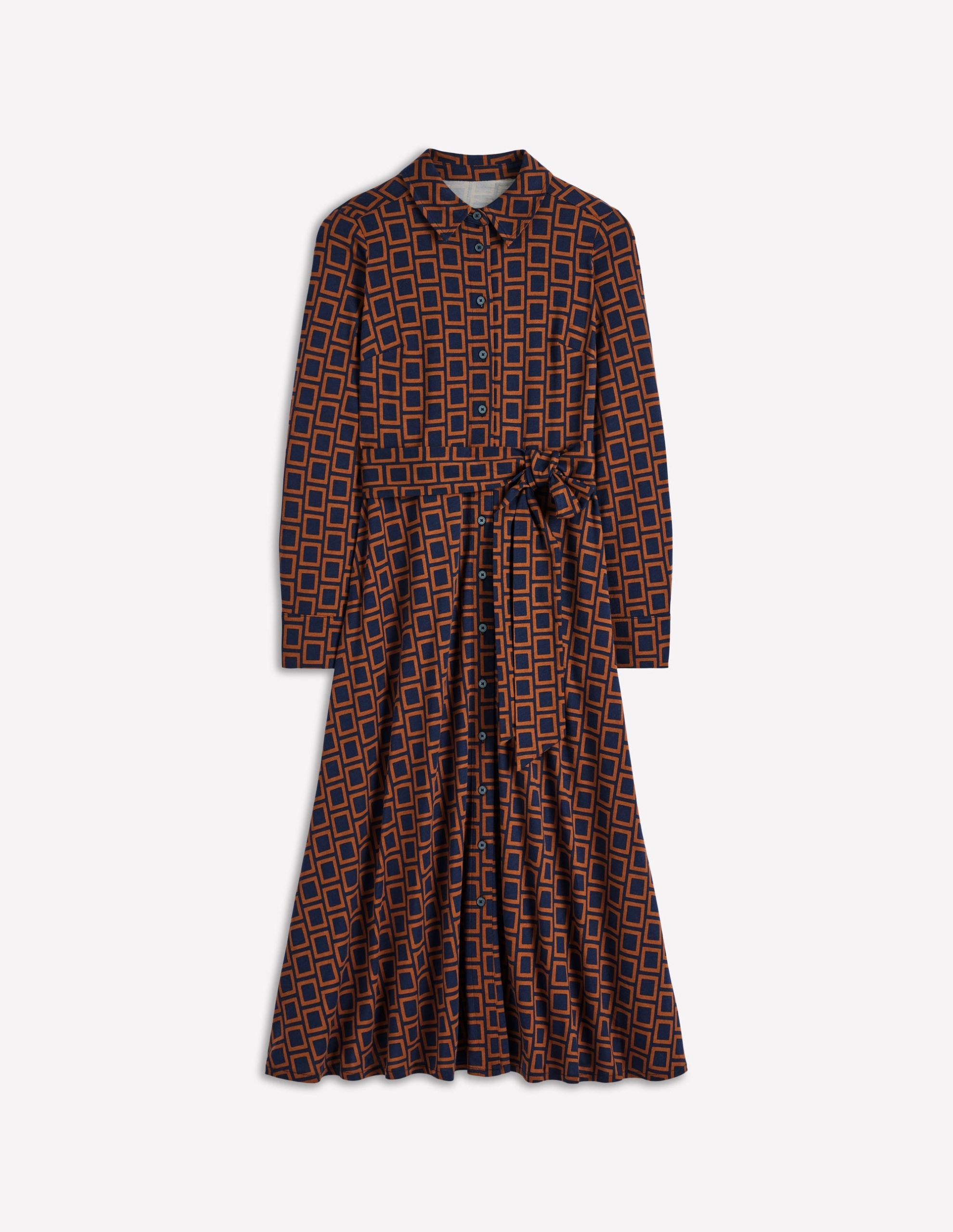 Marcia Jersey Shirt Dress-French Navy. Square Geometric - Image 6