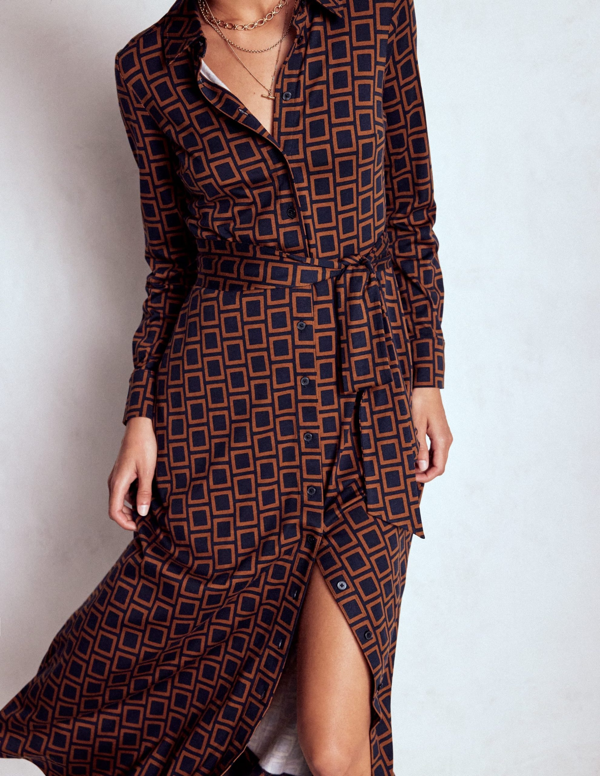 Marcia Jersey Shirt Dress-French Navy. Square Geometric - Image 3