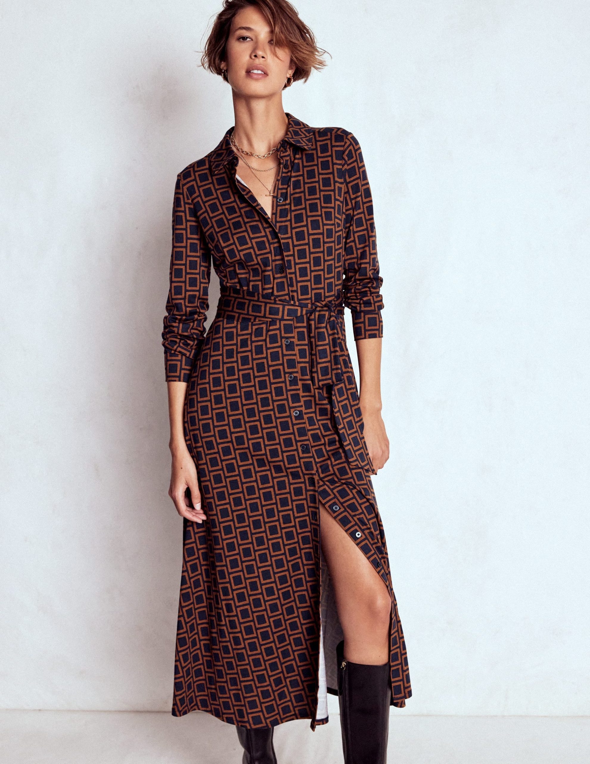 Marcia Jersey Shirt Dress-French Navy. Square Geometric - Image 5