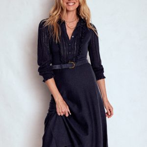 Winifred Frilled Knitted Dress-Navy