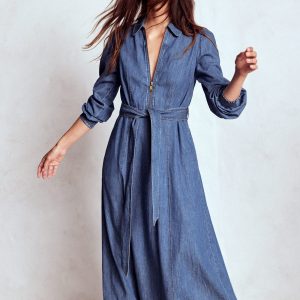 Adelaide Zip Denim Midi Dress-Mid Vintage Denim
