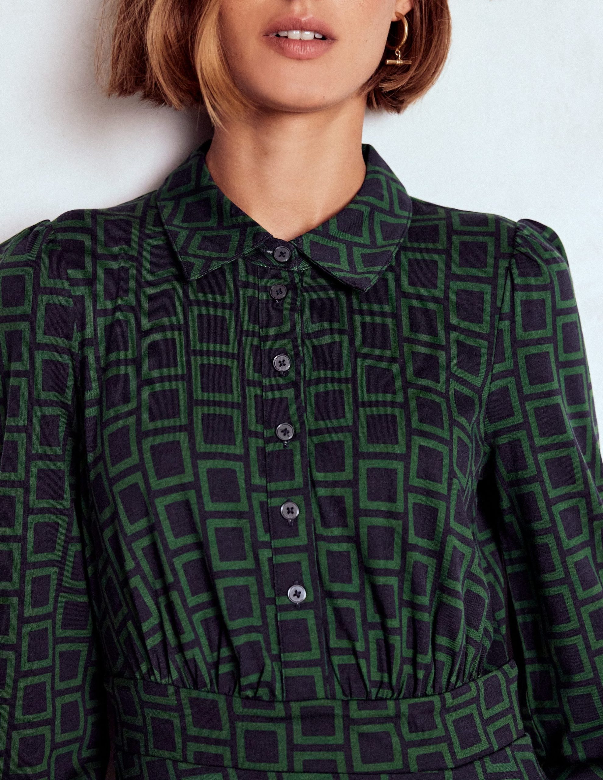 Orla Short Jersey Shirt Dress-Dark Green. Square Geometric - Image 3