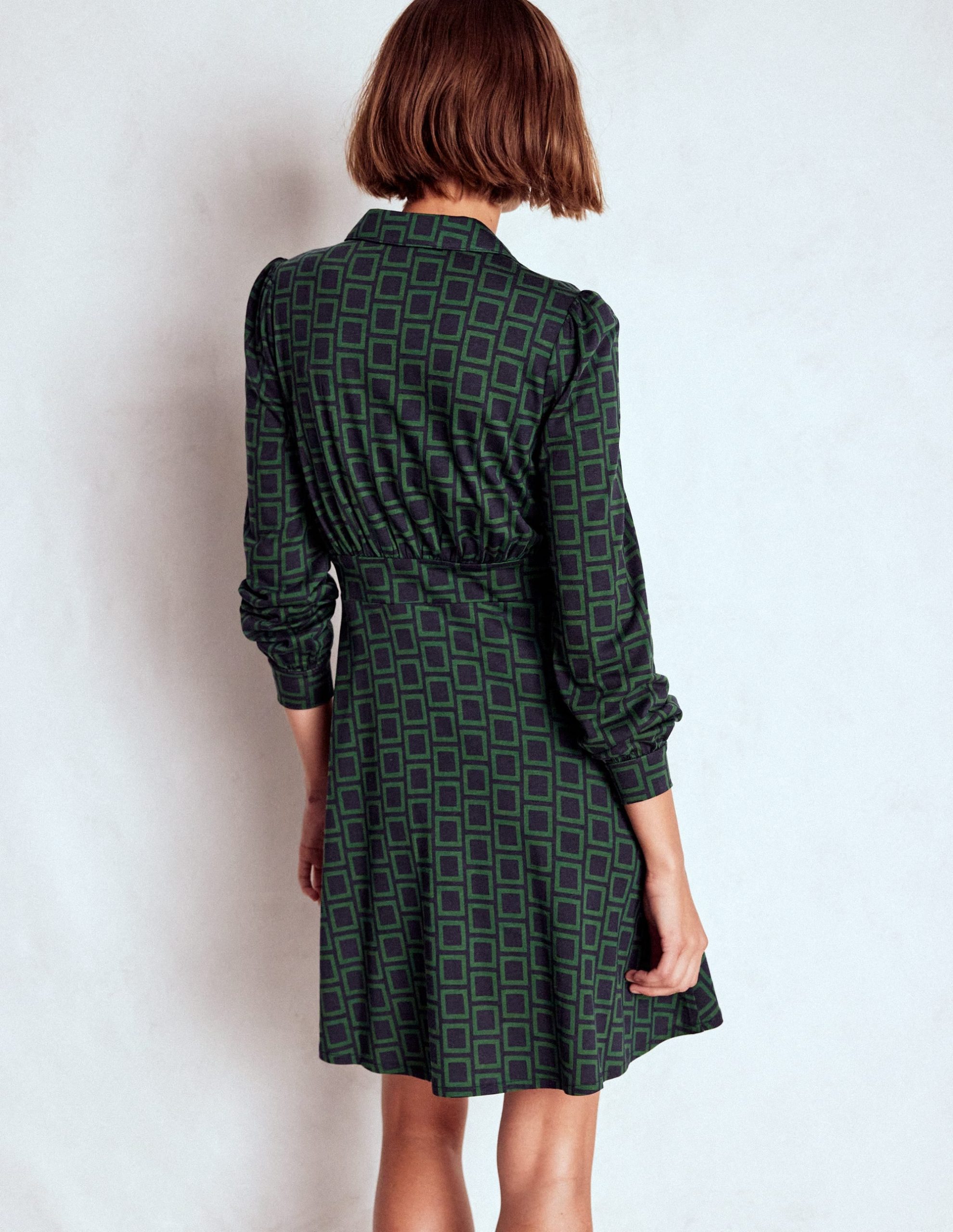 Orla Short Jersey Shirt Dress-Dark Green. Square Geometric - Image 4