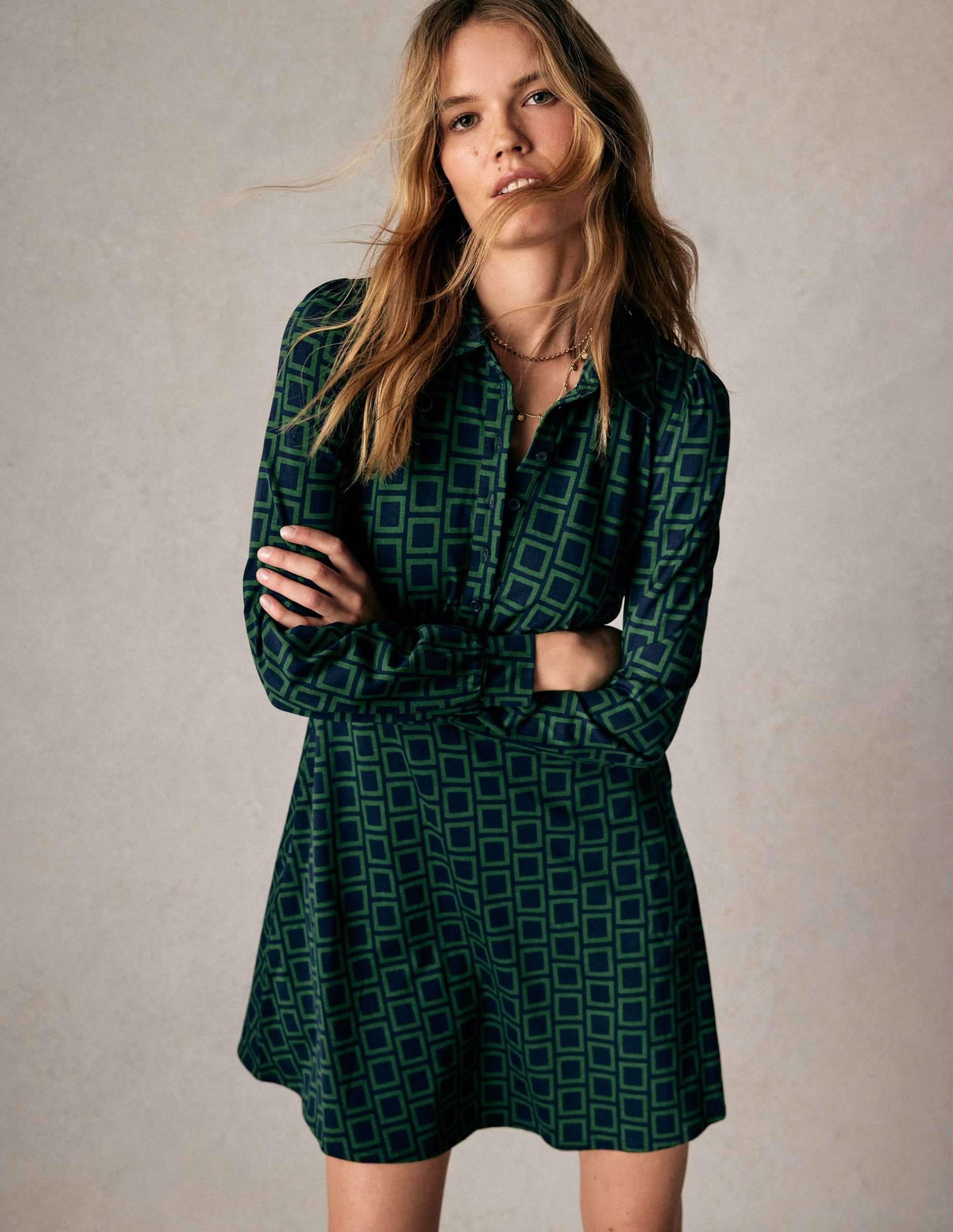 Orla Short Jersey Shirt Dress-Dark Green. Square Geometric