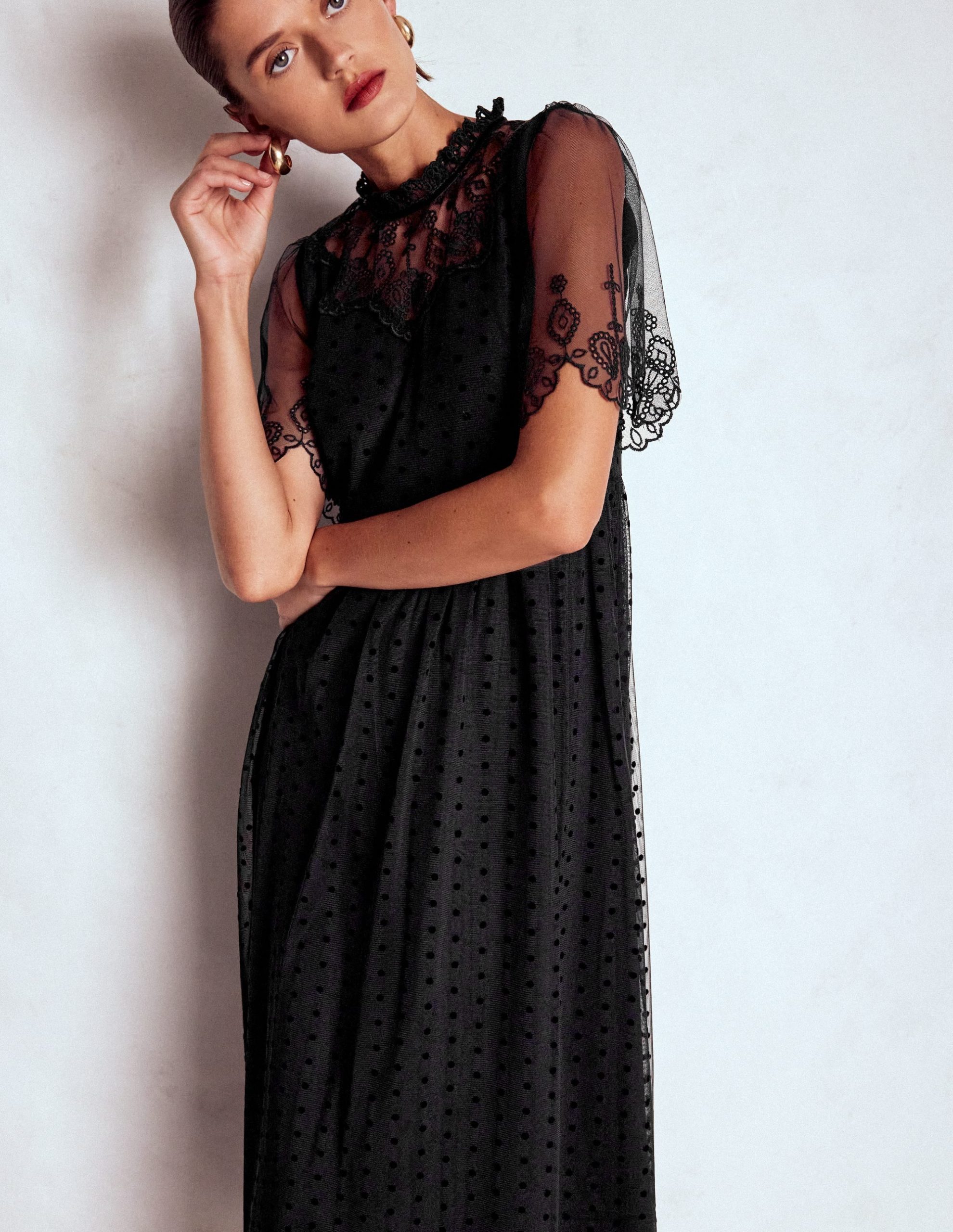 Embroidered Tulle Party Dress-Black - Image 6