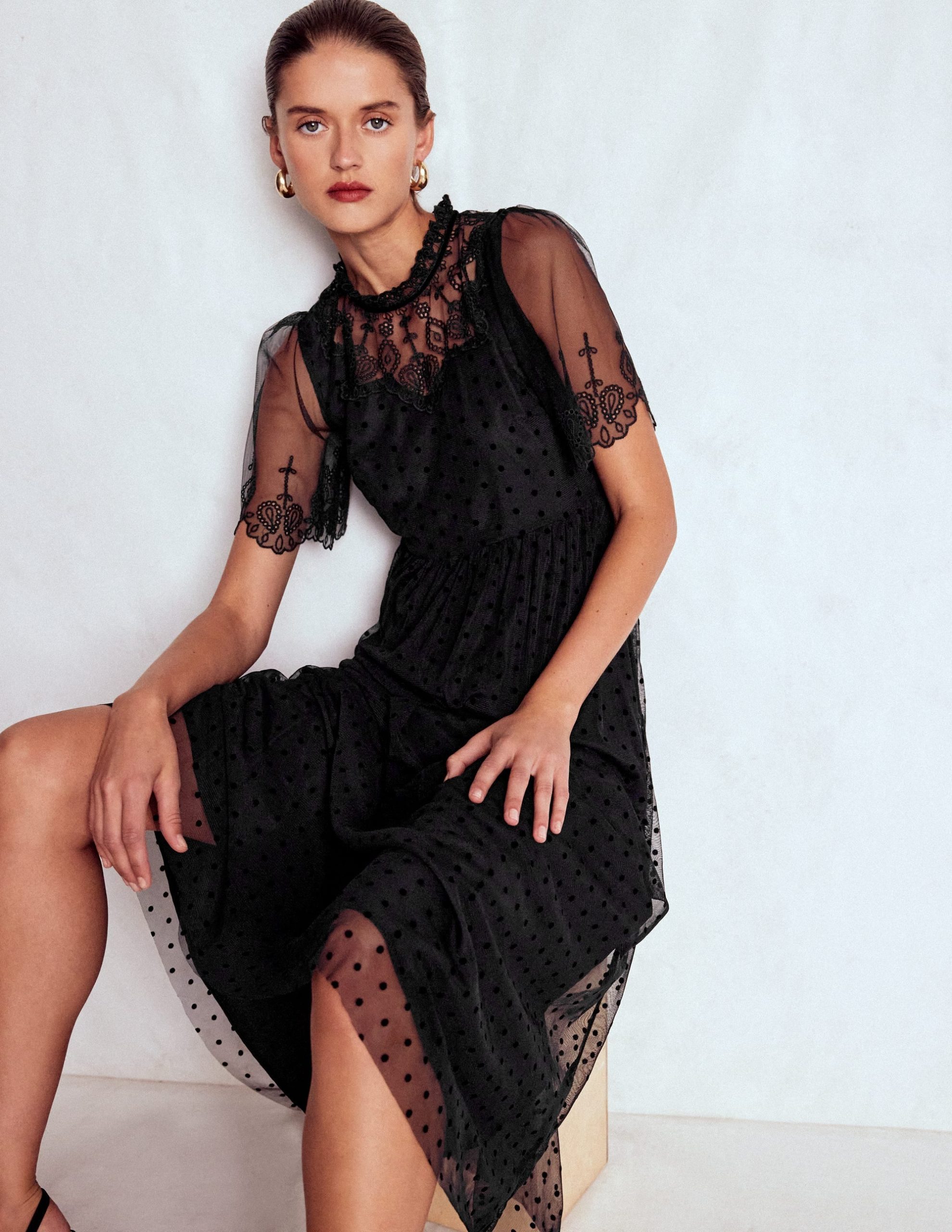 Embroidered Tulle Party Dress-Black - Image 7