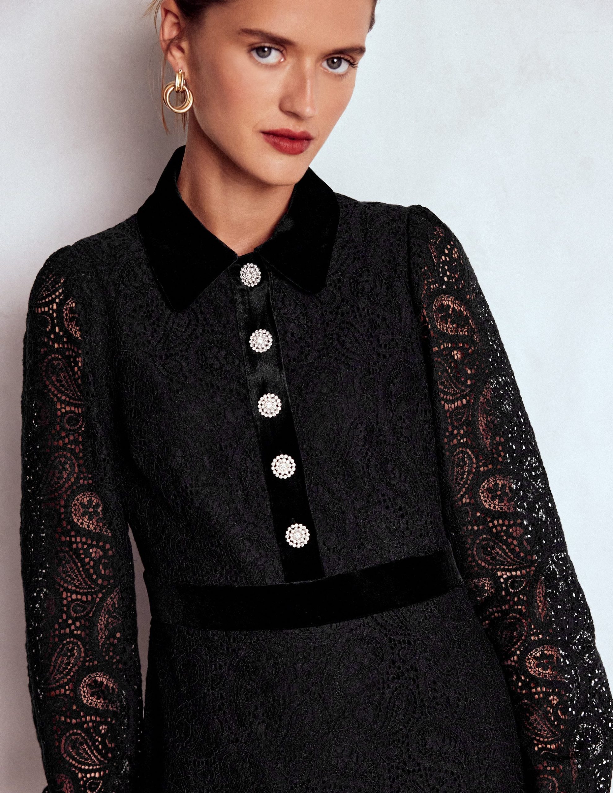Collar Button Lace Dress-Black - Image 3