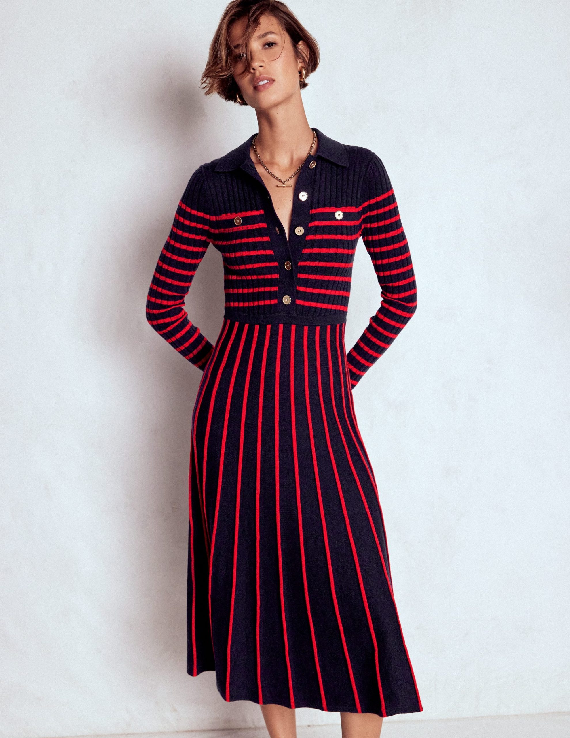Br?nte Knitted Rib Shirt Dress-Navy and Red Stripe - Image 5