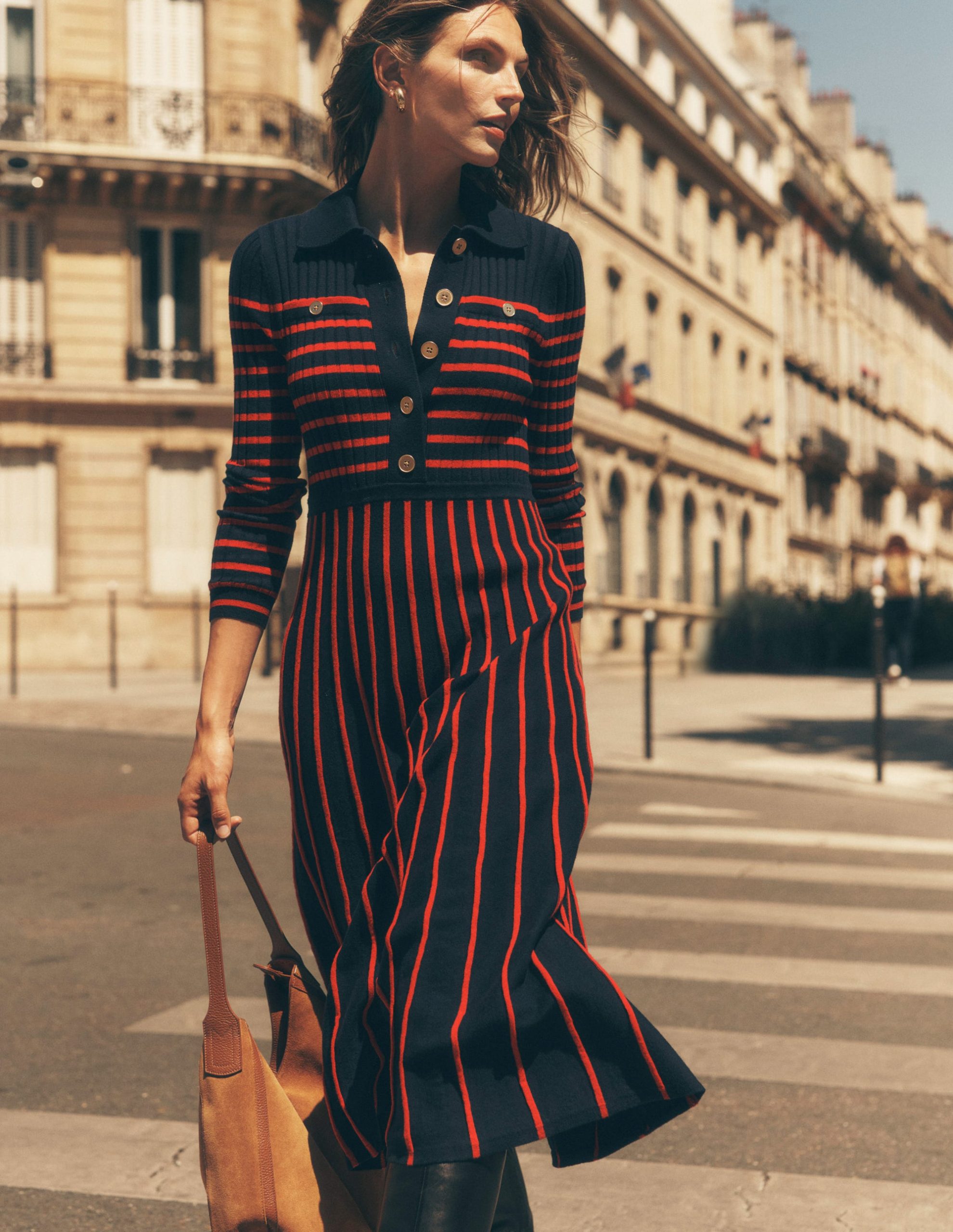 Br?nte Knitted Rib Shirt Dress-Navy and Red Stripe