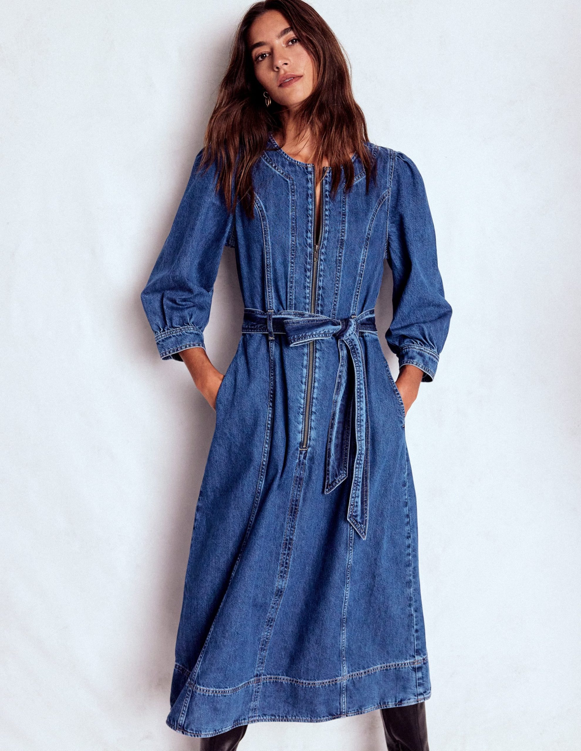 Zip Puff Sleeve Denim Dress-Dark Wash - Image 4