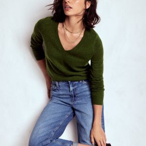 Eva Cashmere V-Neck Sweater-Leaf Green Melange
