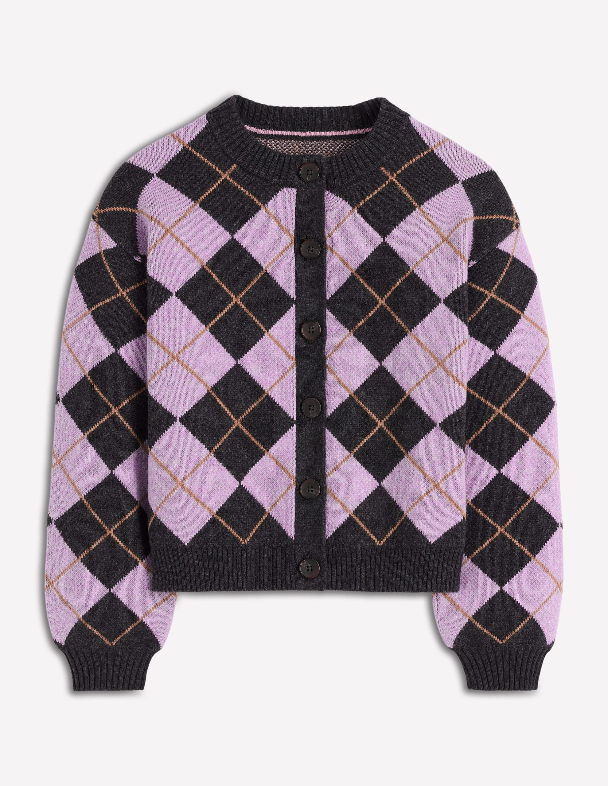 Abi Jacquard Cardigan-Lilac. Charcoal Melange Argyle - Image 7