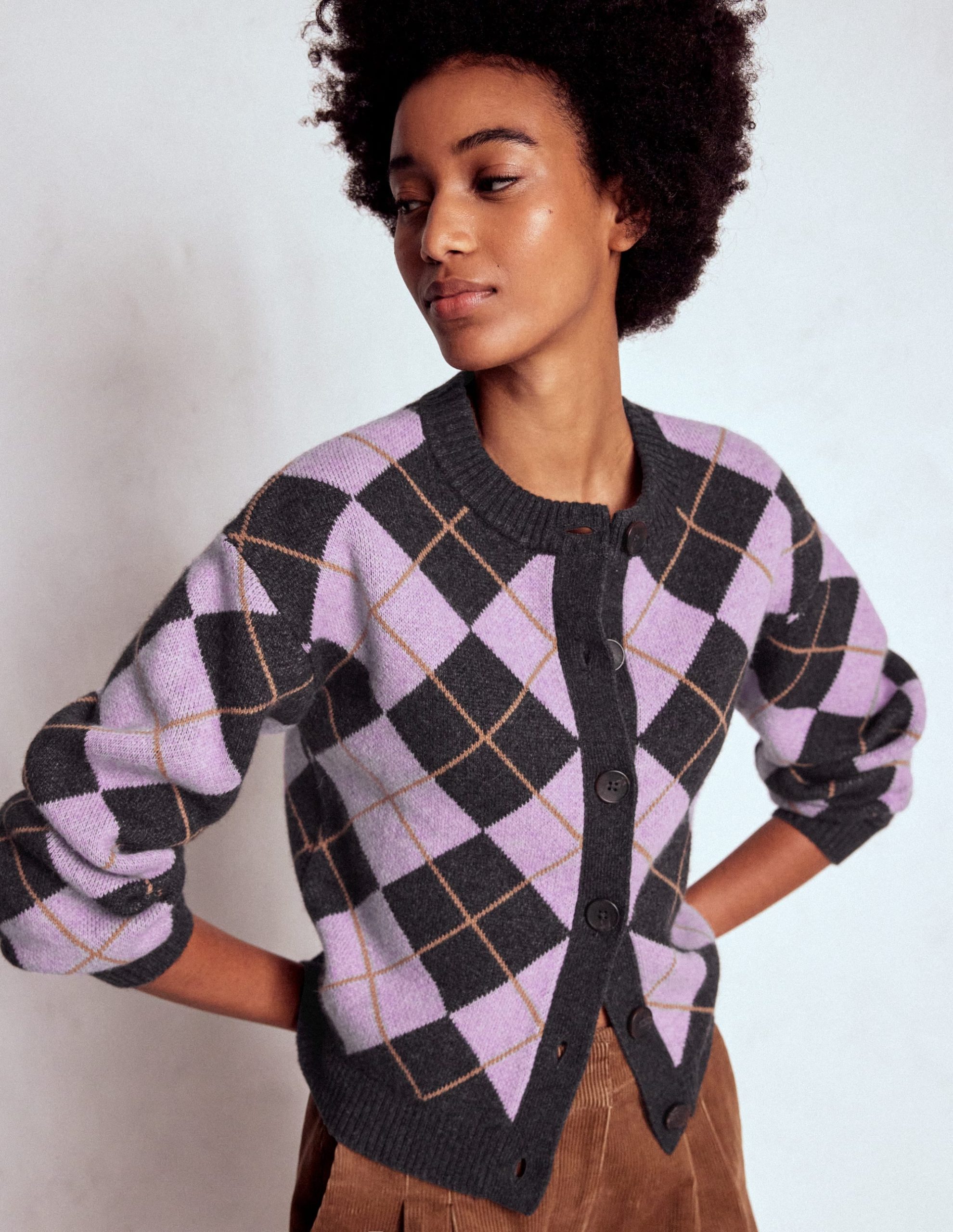 Abi Jacquard Cardigan-Lilac. Charcoal Melange Argyle