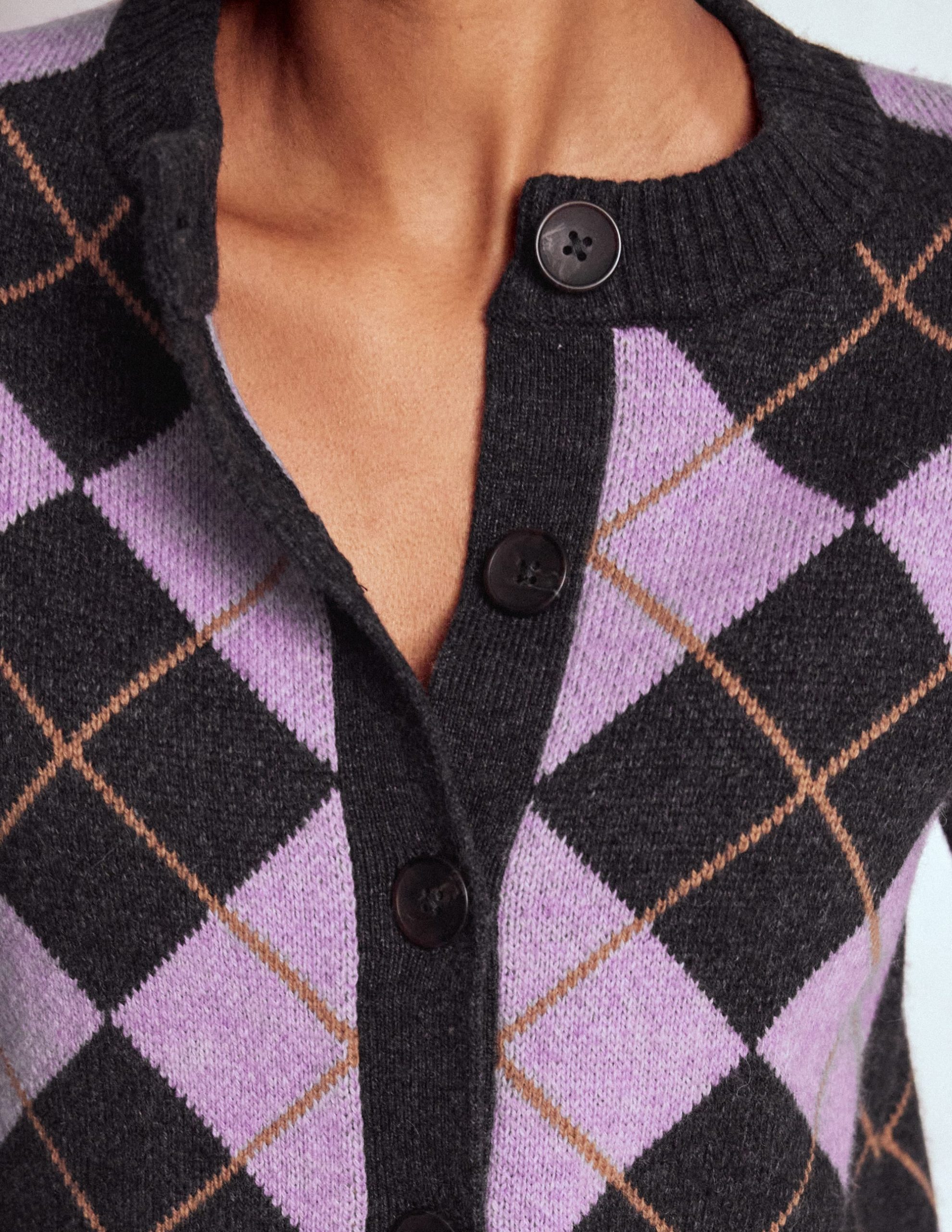 Abi Jacquard Cardigan-Lilac. Charcoal Melange Argyle - Image 2