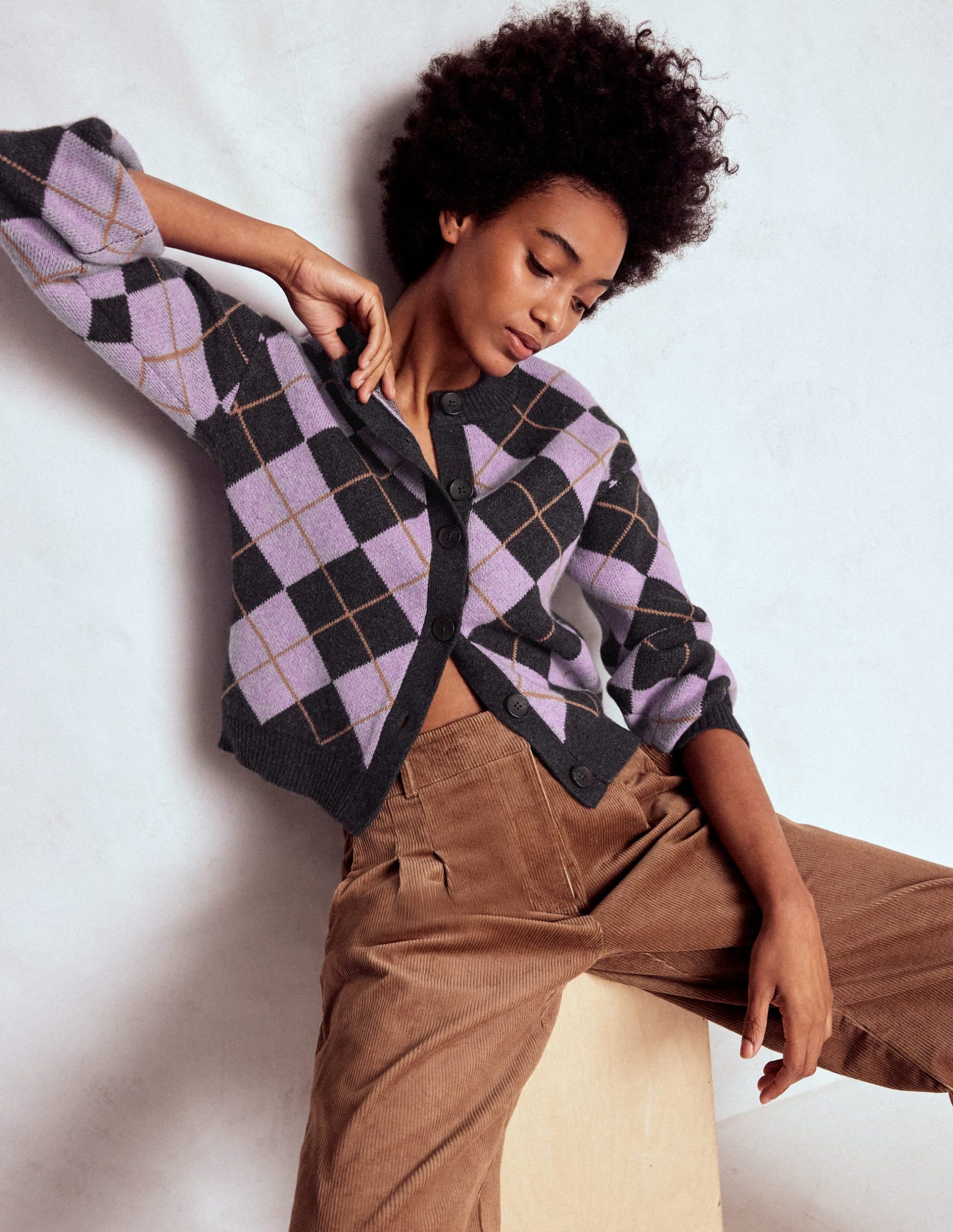 Abi Jacquard Cardigan-Lilac. Charcoal Melange Argyle - Image 5