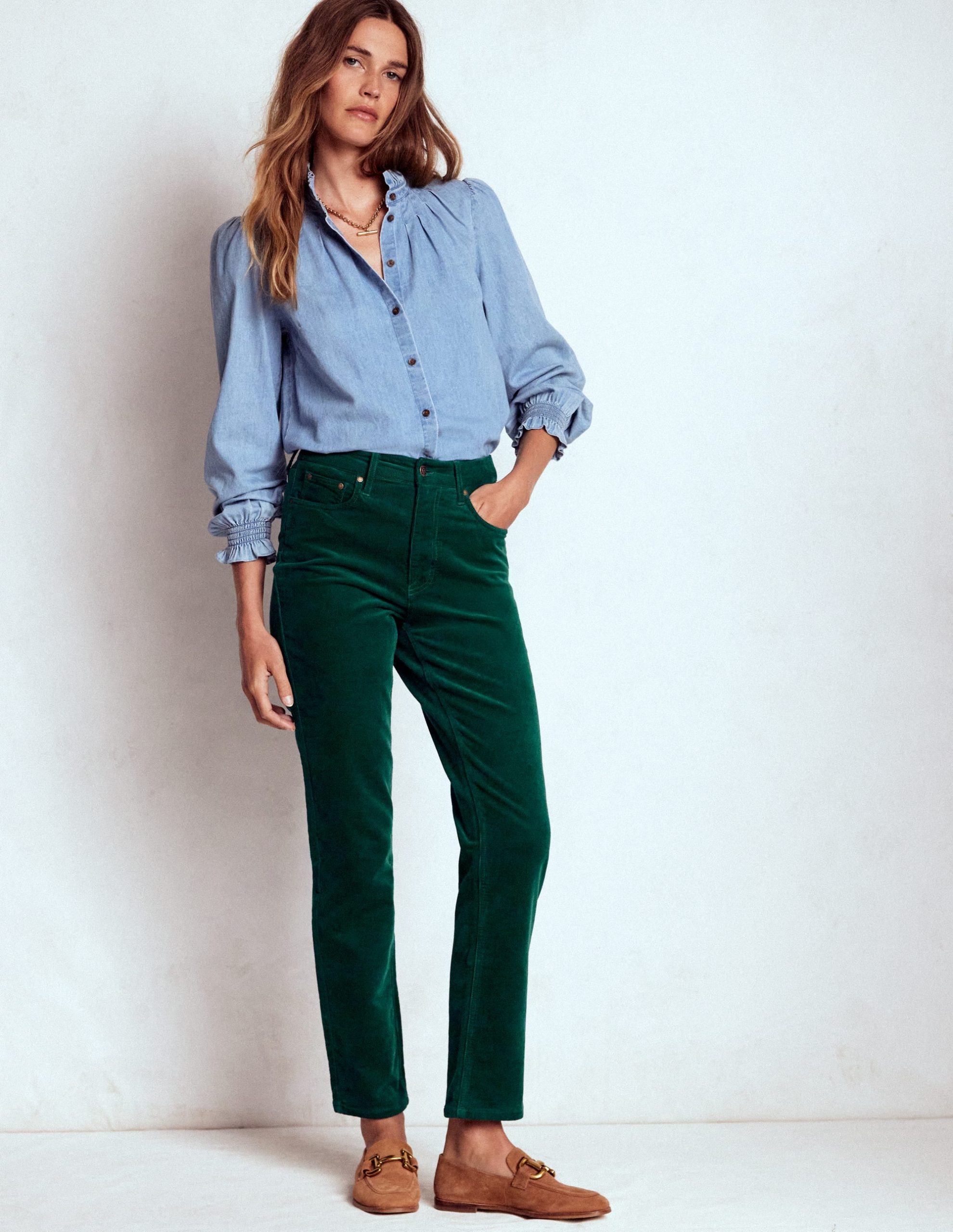 High-Waisted Cord Slim Jeans-Green