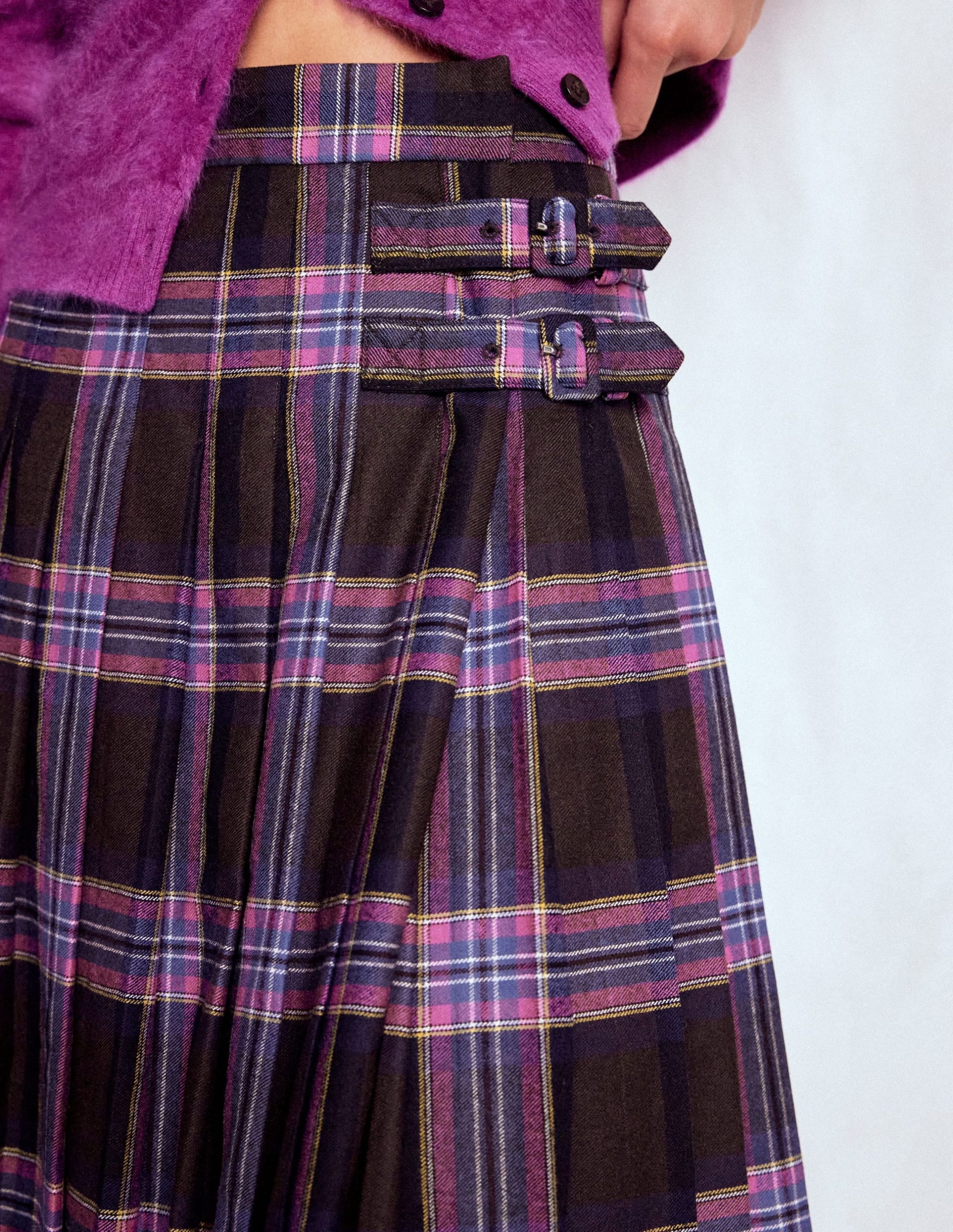 Josephine Wool Kilt Skirt-Brown. Teal & Pink Check - Image 2
