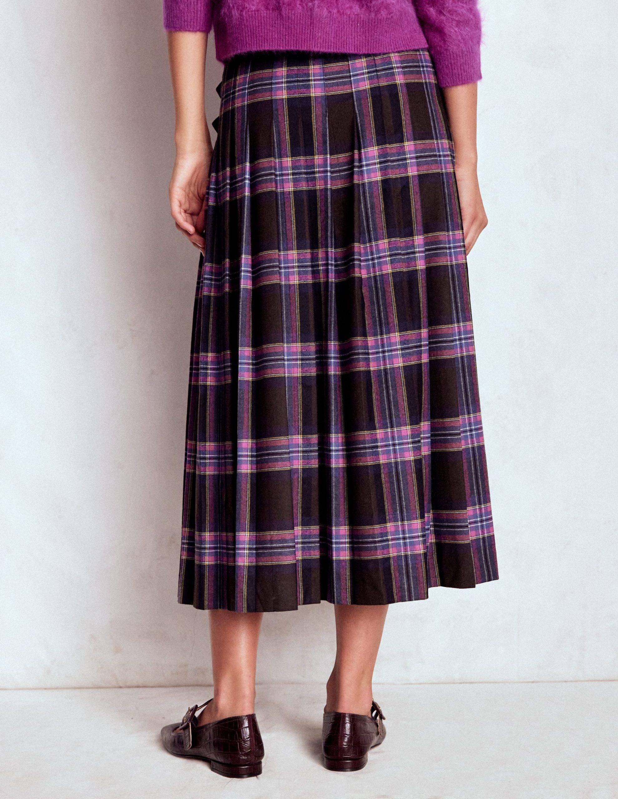 Josephine Wool Kilt Skirt-Brown. Teal & Pink Check - Image 3