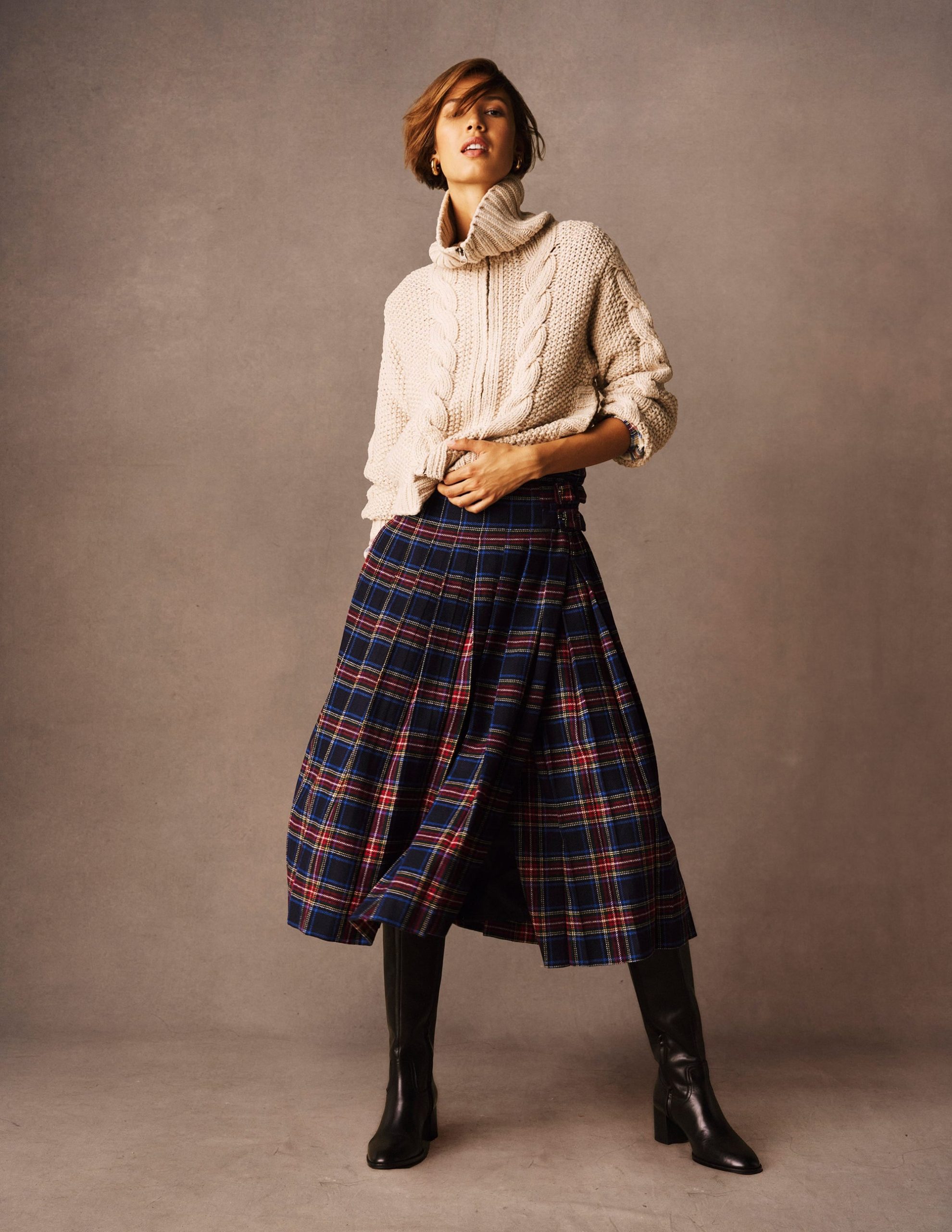 Josephine Wool Kilt Skirt-Navy. Green and Red Check