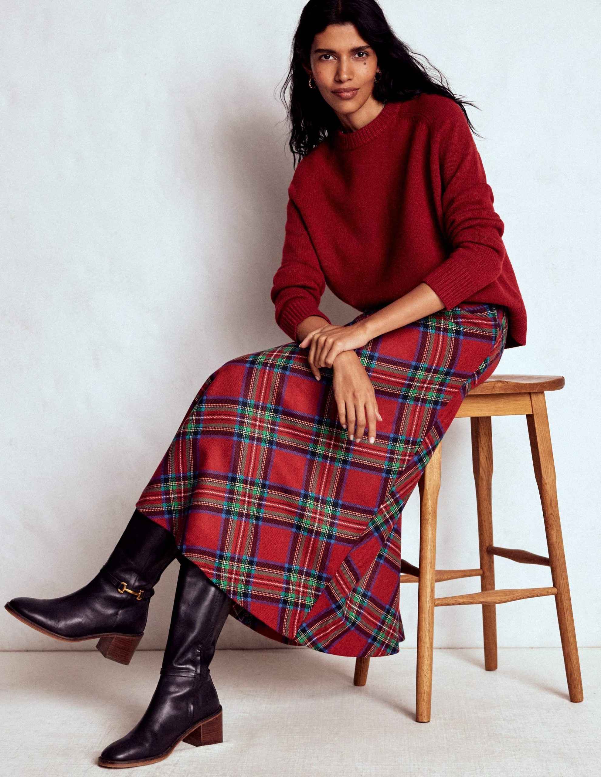 Hayley Wool Midi Skirt-Red. Blue and Green Check