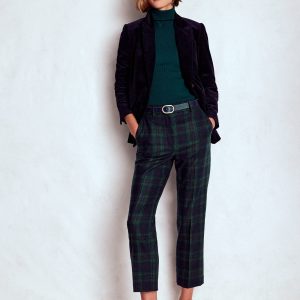 Canonbury Wool Pants-Navy and Green Tonal Check