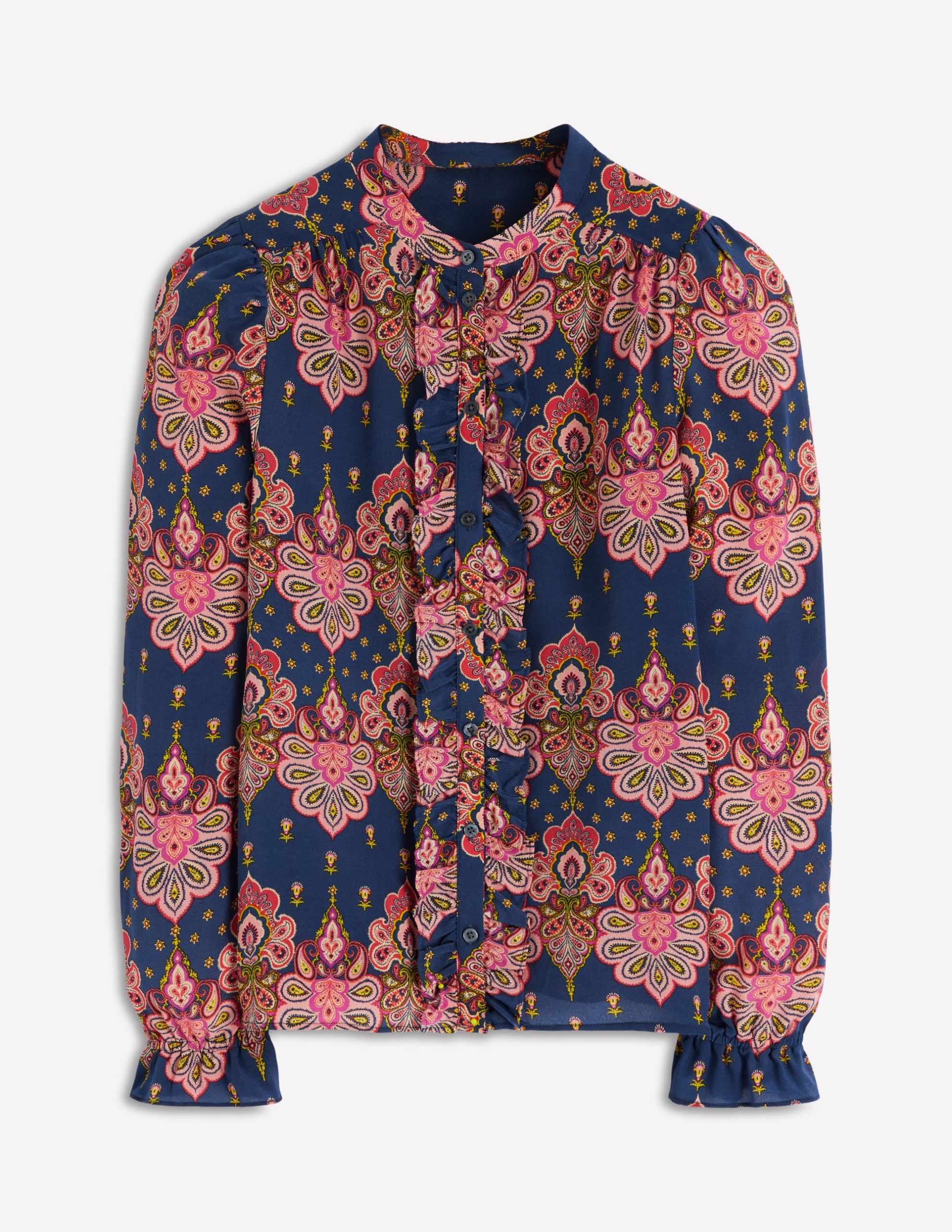 Alice Frill Front Silk Top-Navy. Embellished Paisley - Image 5