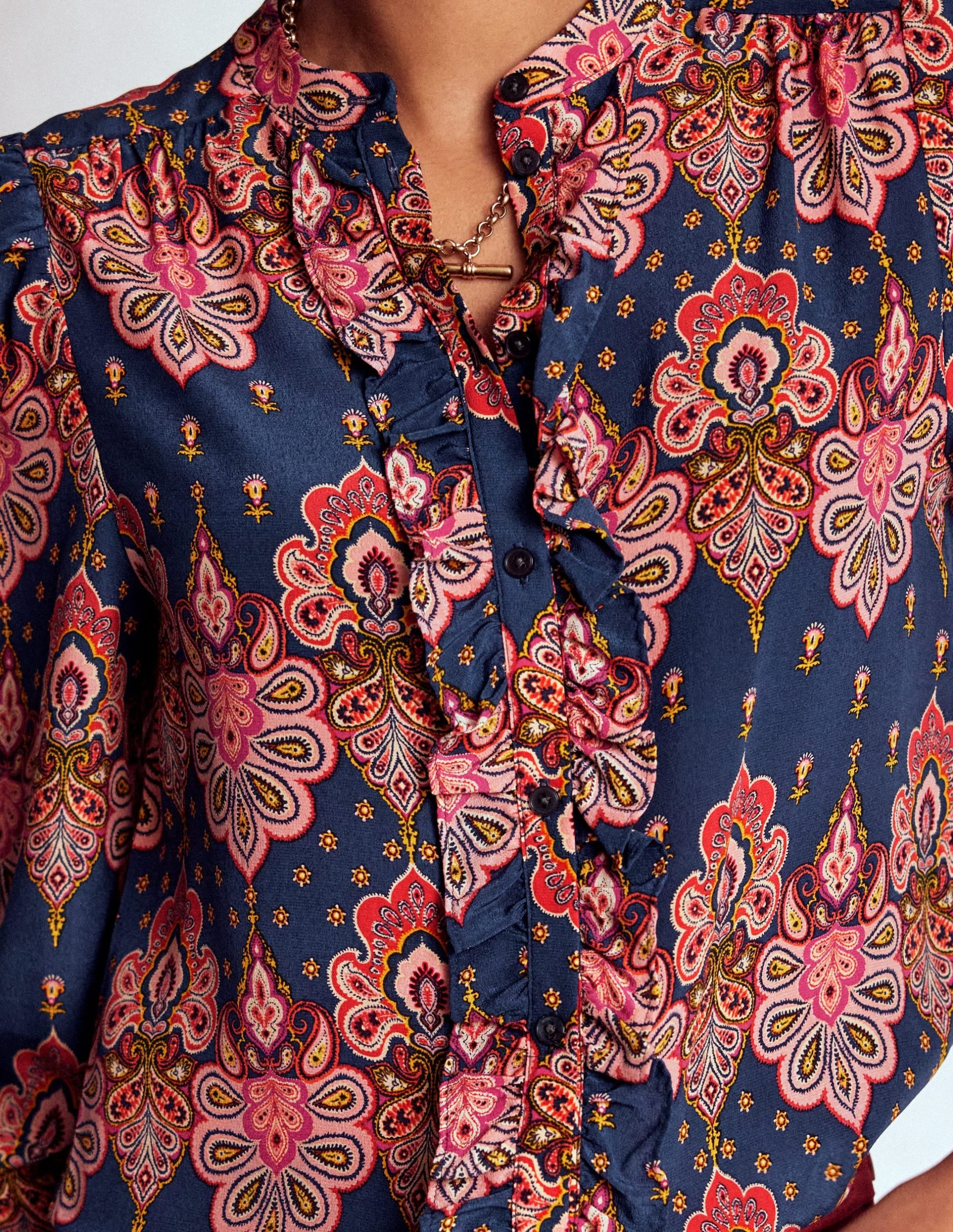 Alice Frill Front Silk Top-Navy. Embellished Paisley - Image 2