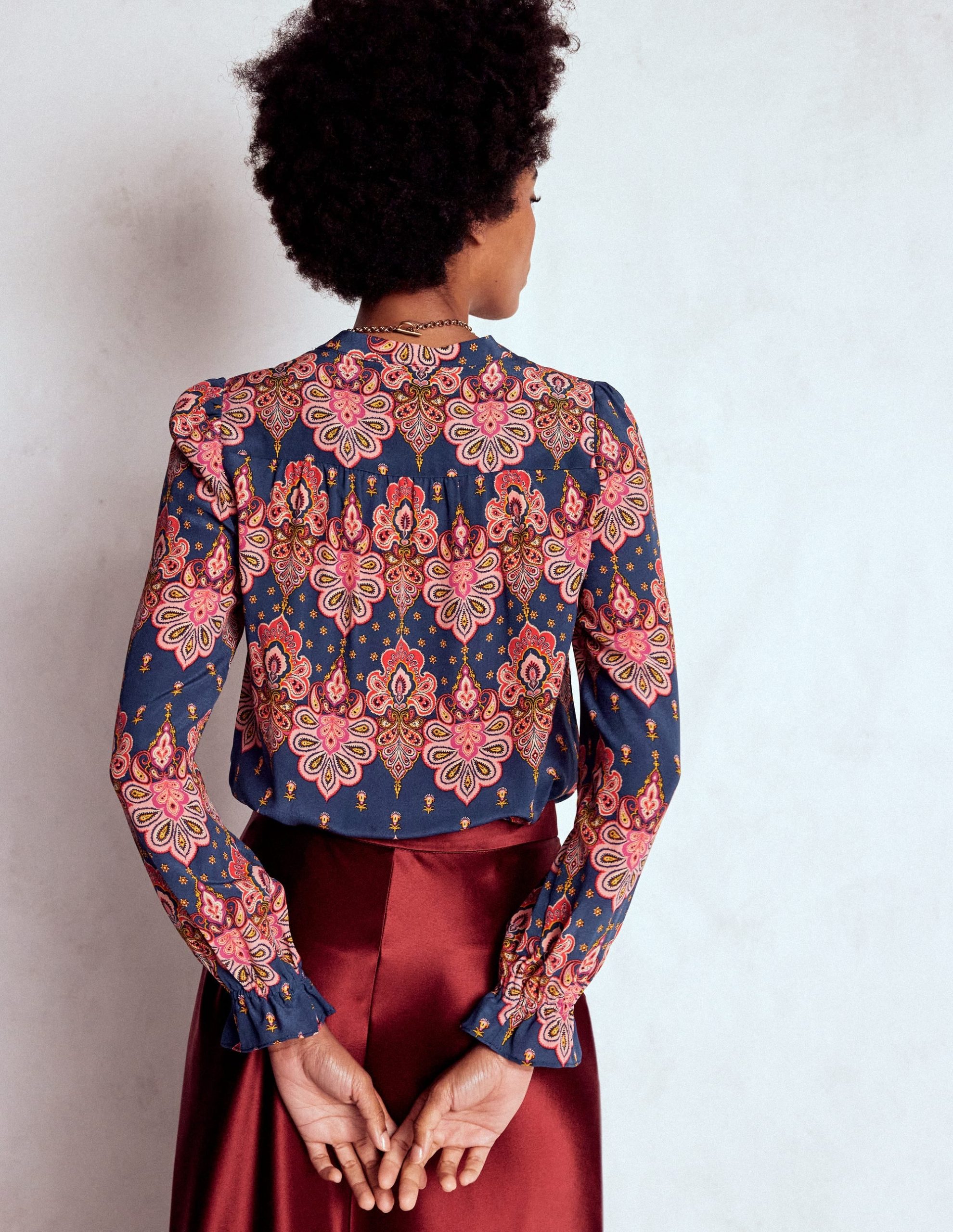 Alice Frill Front Silk Top-Navy. Embellished Paisley - Image 3