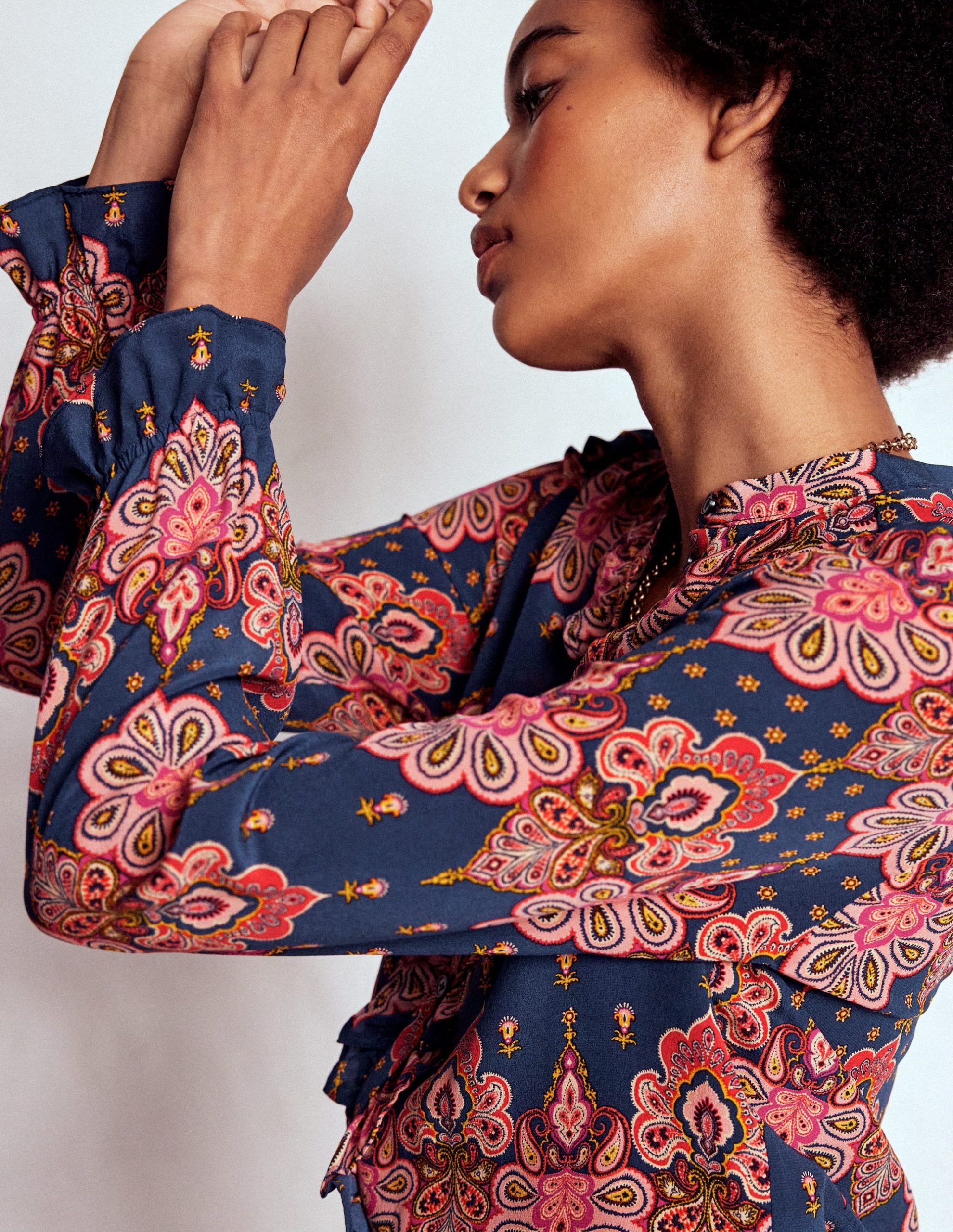 Alice Frill Front Silk Top-Navy. Embellished Paisley - Image 4