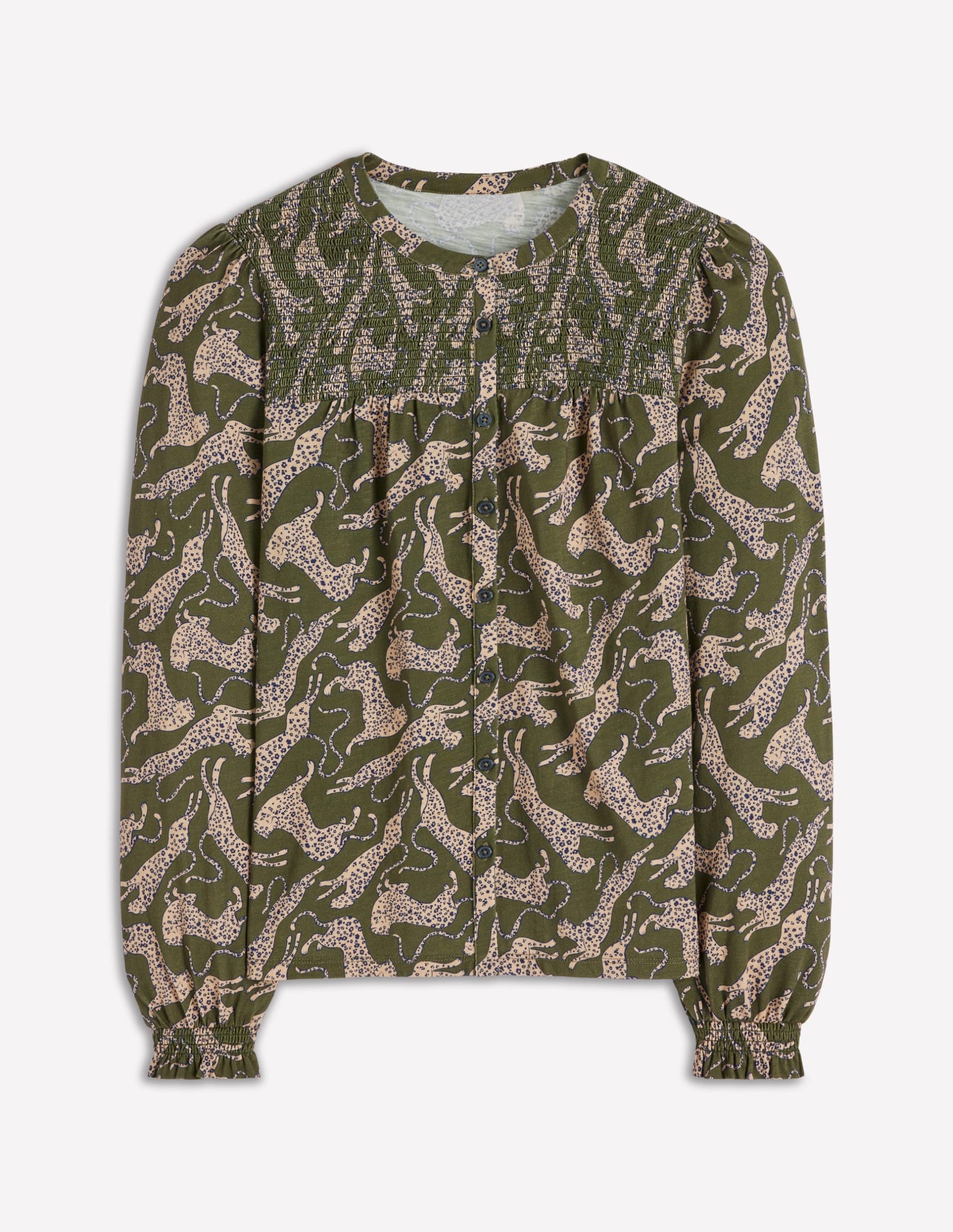 Elsa Smocked Yoke Jersey Shirt-Green. Leaping Leopard - Image 5
