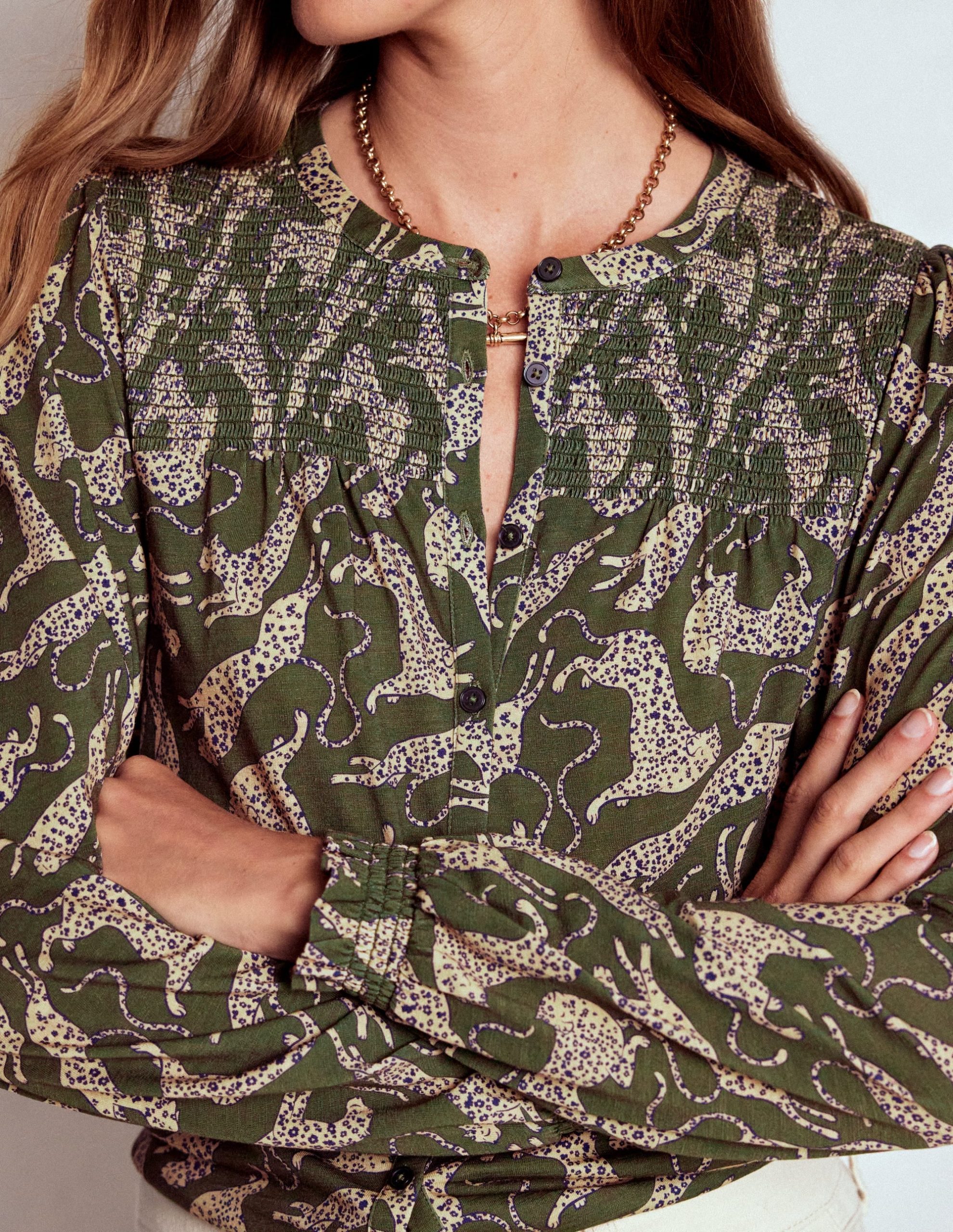 Elsa Smocked Yoke Jersey Shirt-Green. Leaping Leopard - Image 2
