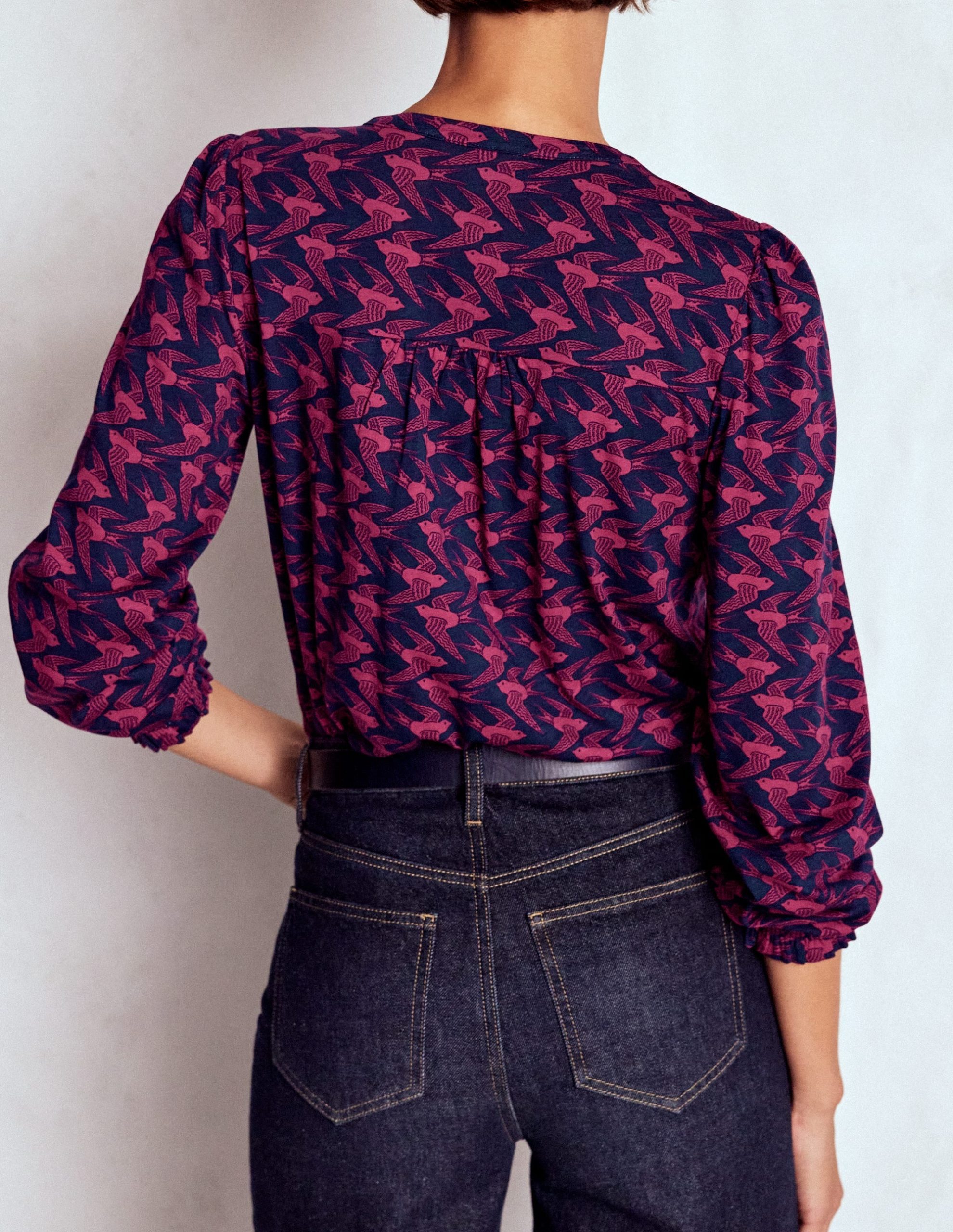 Elsa Smocked Yoke Jersey Shirt-French Navy. Swooping Swallow - Image 3