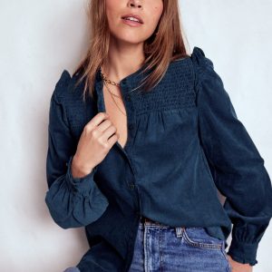 Smocked Yoke Cord Top-Midnight Ocean