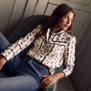 Cotton Lace Trim Top-Ivory. Woodblock Flower